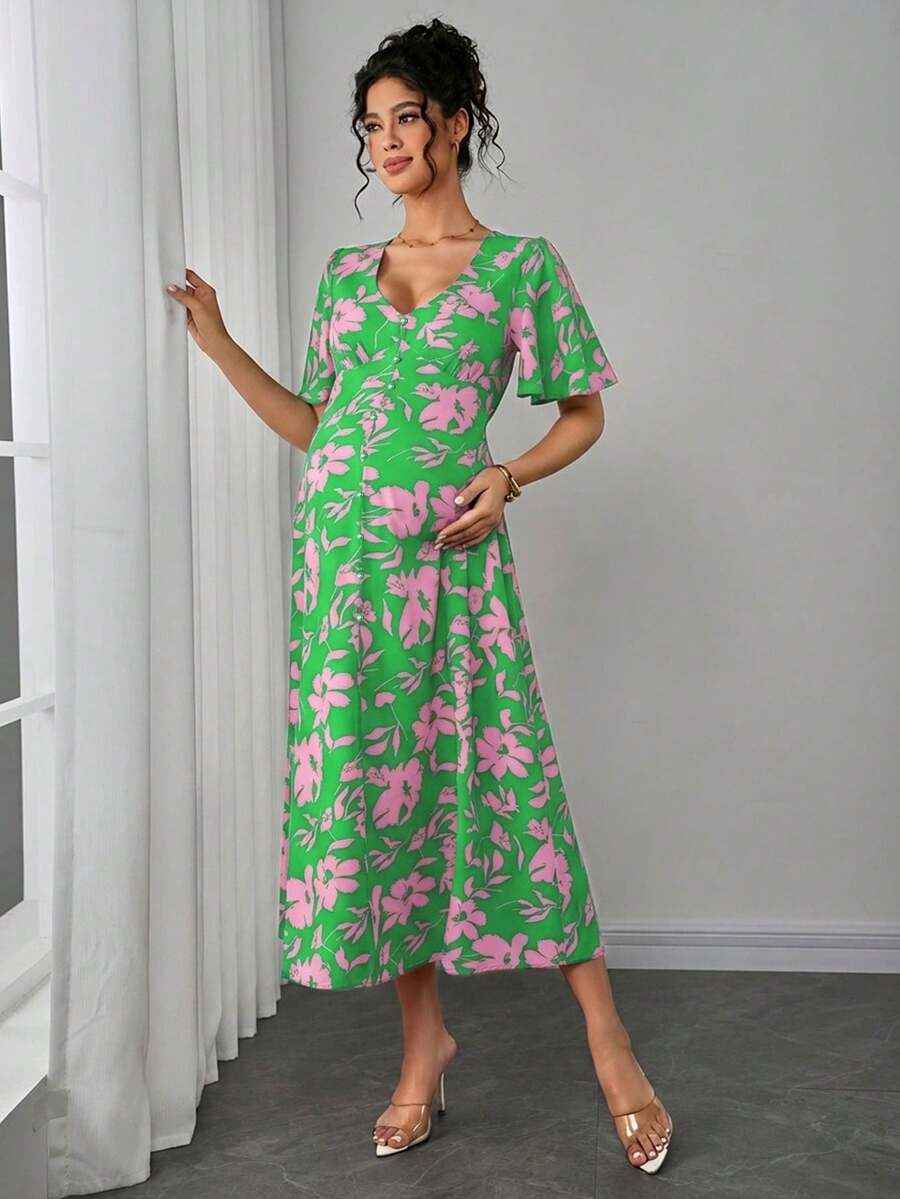 Maternity Floral A-Line Long Dress - Deep V Neck, Puff Half Sleeve, Slit Hem, Loose Fit, Hot Pink