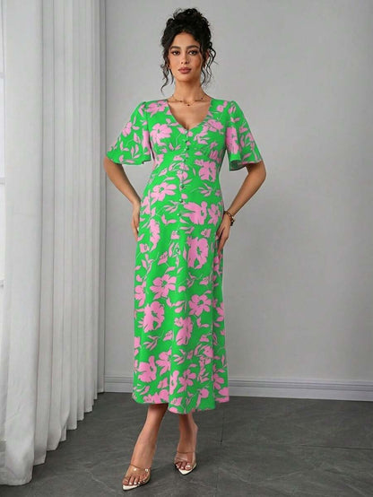 Maternity Floral A-Line Long Dress - Deep V Neck, Puff Half Sleeve, Slit Hem, Loose Fit, Hot Pink