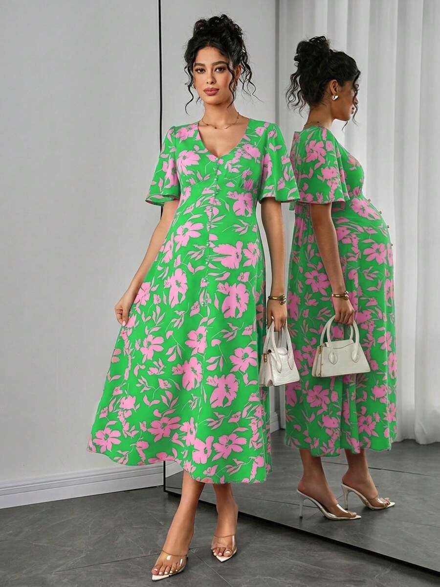 Maternity Floral A-Line Long Dress - Deep V Neck, Puff Half Sleeve, Slit Hem, Loose Fit, Hot Pink