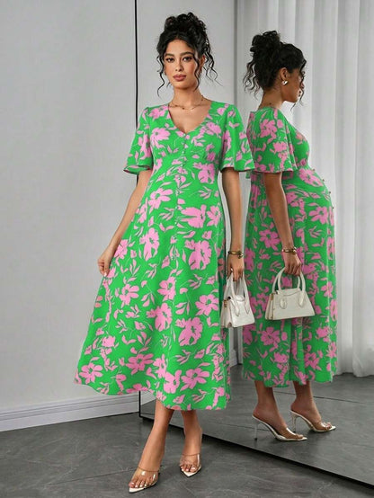 Maternity Floral A-Line Long Dress - Deep V Neck, Puff Half Sleeve, Slit Hem, Loose Fit, Hot Pink
