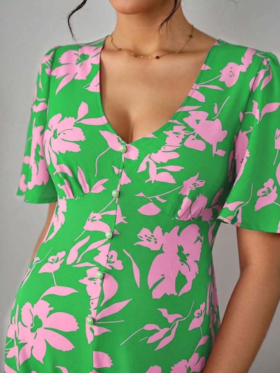 Maternity Floral A-Line Long Dress - Deep V Neck, Puff Half Sleeve, Slit Hem, Loose Fit, Hot Pink