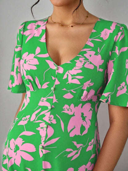 Maternity Floral A-Line Long Dress - Deep V Neck, Puff Half Sleeve, Slit Hem, Loose Fit, Hot Pink