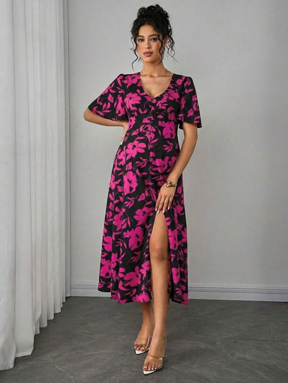 Maternity Floral A-Line Long Dress - Deep V Neck, Puff Half Sleeve, Slit Hem, Loose Fit, Hot Pink