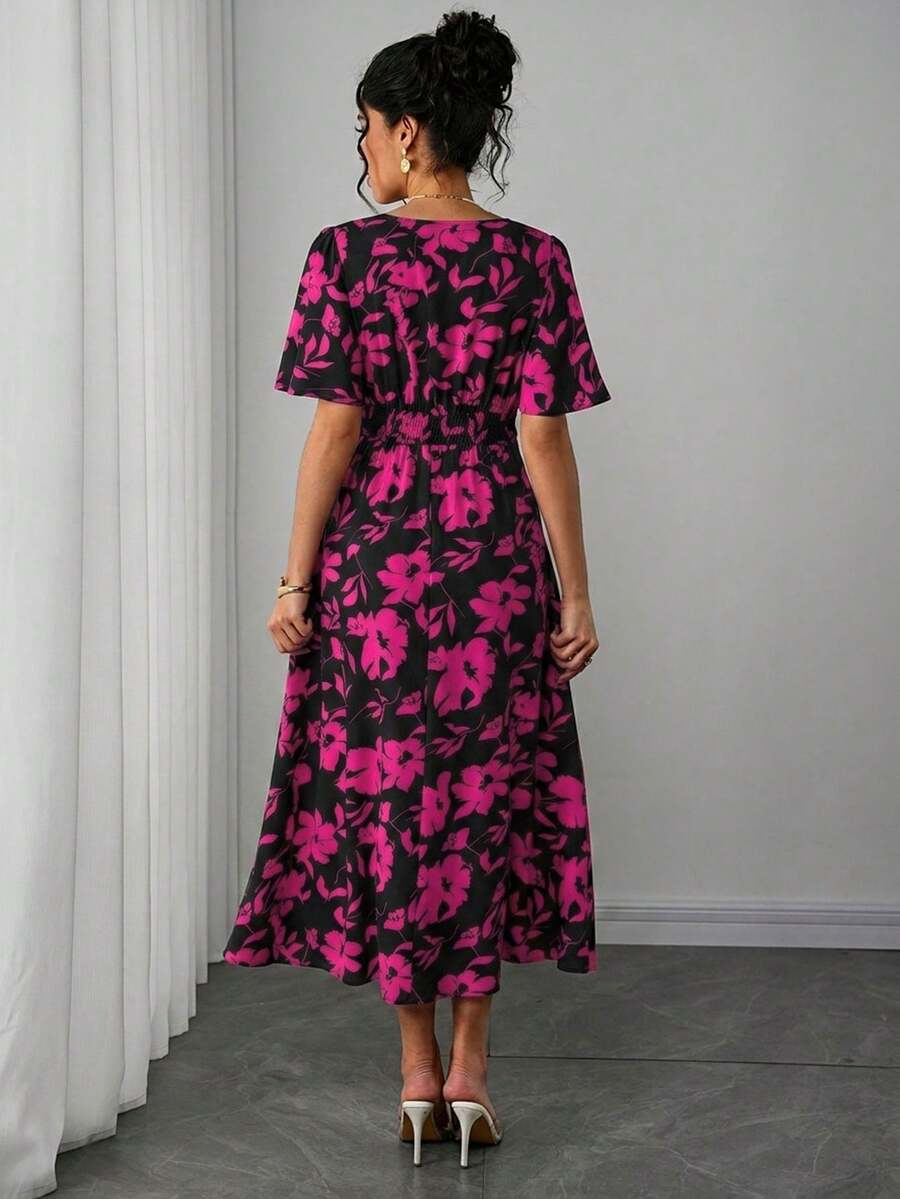 Maternity Floral A-Line Long Dress - Deep V Neck, Puff Half Sleeve, Slit Hem, Loose Fit, Hot Pink