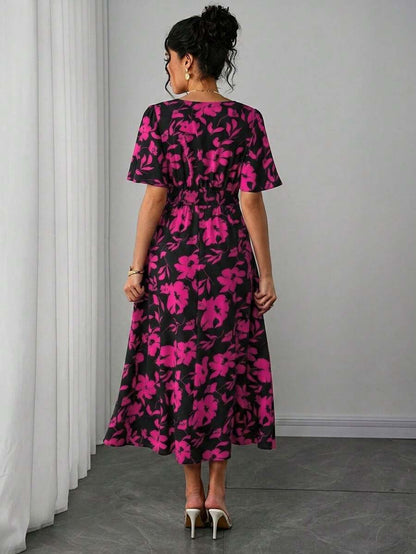 Maternity Floral A-Line Long Dress - Deep V Neck, Puff Half Sleeve, Slit Hem, Loose Fit, Hot Pink