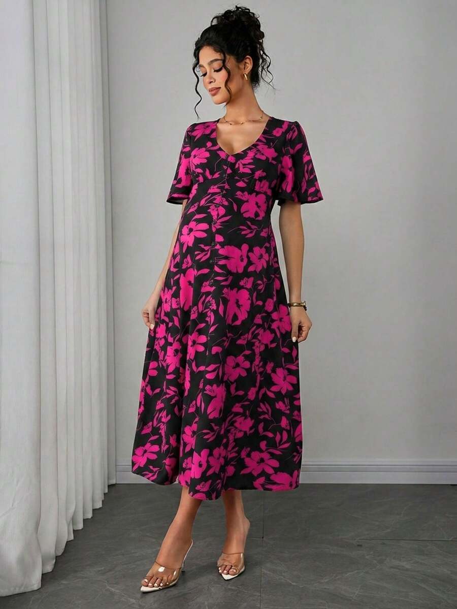 Maternity Floral A-Line Long Dress - Deep V Neck, Puff Half Sleeve, Slit Hem, Loose Fit, Hot Pink