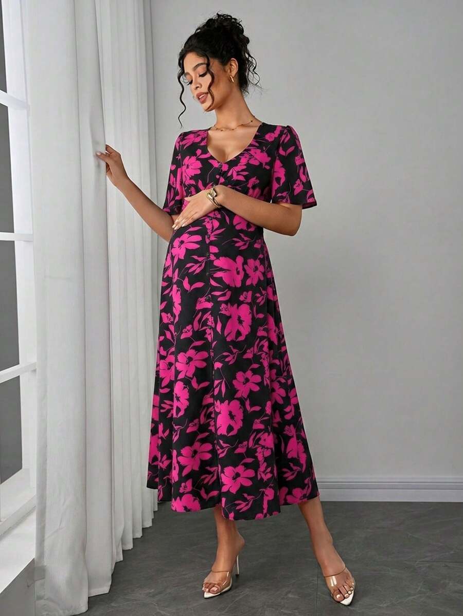 Maternity Floral A-Line Long Dress - Deep V Neck, Puff Half Sleeve, Slit Hem, Loose Fit, Hot Pink