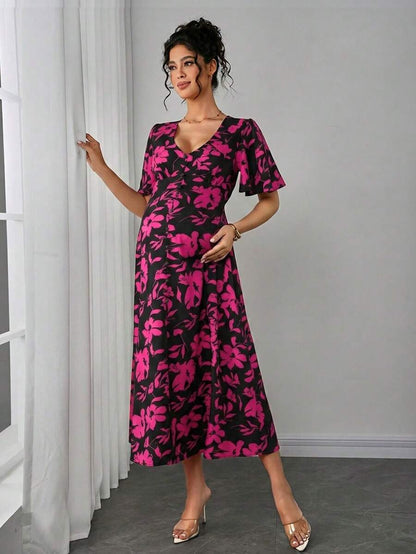 Maternity Floral A-Line Long Dress - Deep V Neck, Puff Half Sleeve, Slit Hem, Loose Fit, Hot Pink
