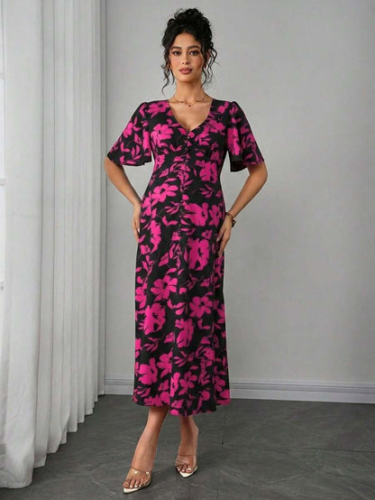 Maternity Floral A-Line Long Dress - Deep V Neck, Puff Half Sleeve, Slit Hem, Loose Fit, Hot Pink