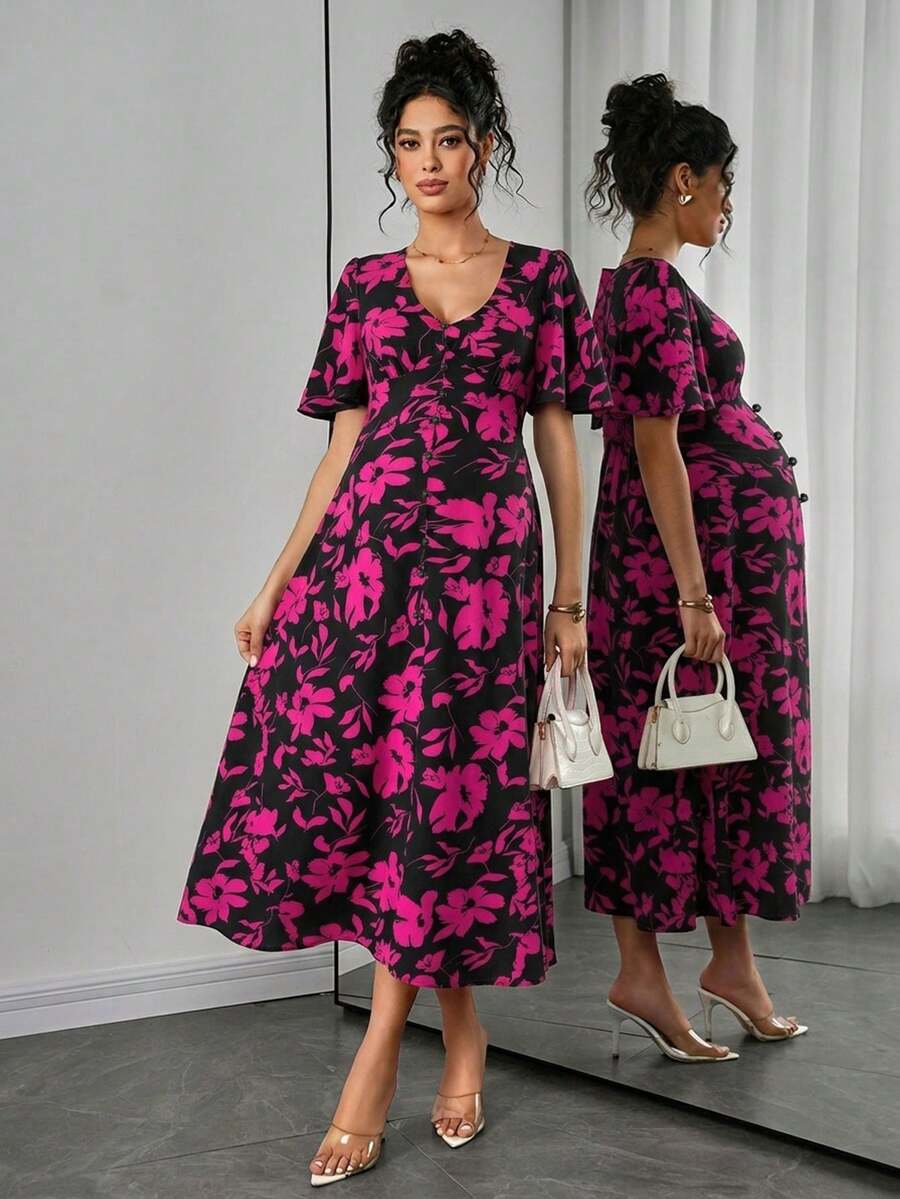 Maternity Floral A-Line Long Dress - Deep V Neck, Puff Half Sleeve, Slit Hem, Loose Fit, Hot Pink