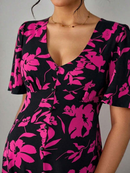 Maternity Floral A-Line Long Dress - Deep V Neck, Puff Half Sleeve, Slit Hem, Loose Fit, Hot Pink