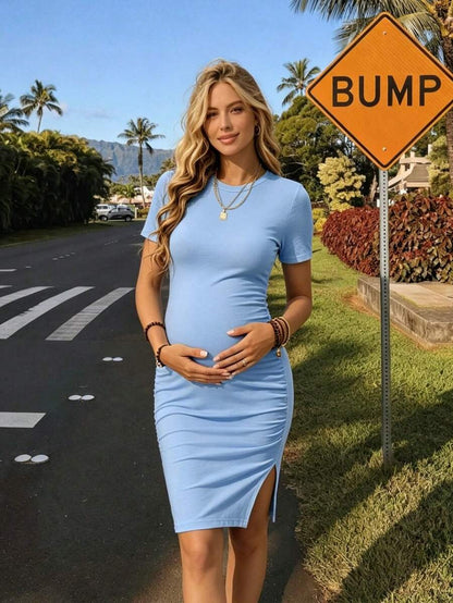 Maternity Short Sleeve Ruched Bodycon Dress Slim Fit Knee Length Solid Color Pregnancy Pencil Dress for Casual Home Wear