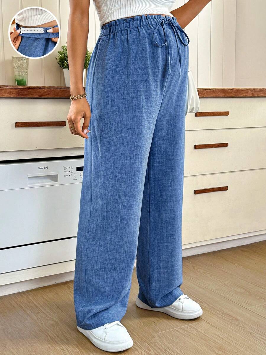 Maternity High-Waisted Blue Straight Leg Pants with Shirred Drawstring Waist and Pockets – Loose Fit Cropped Tailored Trousers