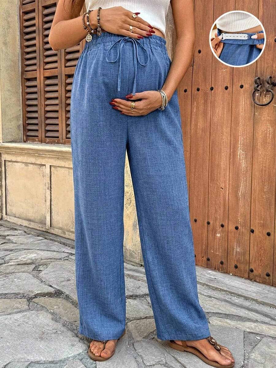 Maternity High-Waisted Blue Straight Leg Pants with Shirred Drawstring Waist and Pockets – Loose Fit Cropped Tailored Trousers