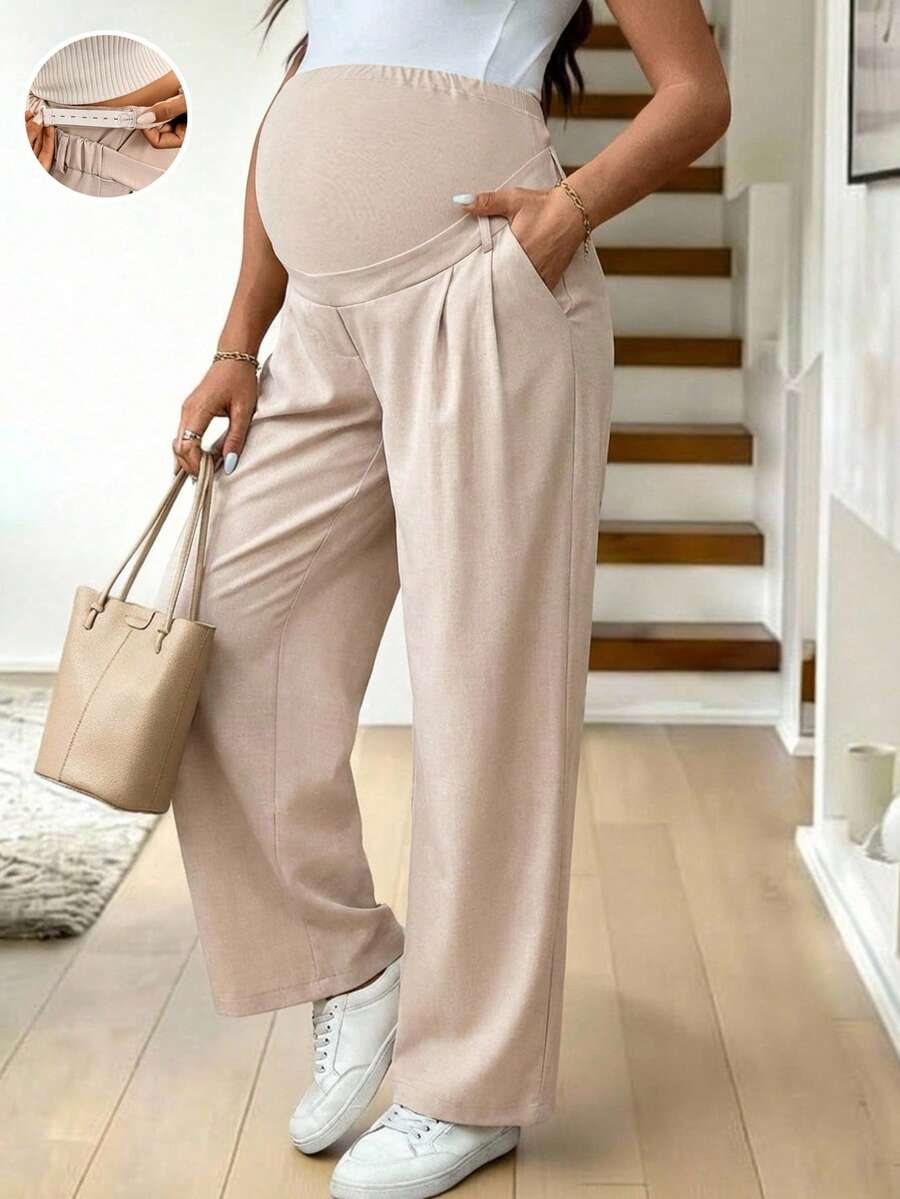 Maternity Khaki Straight Leg Casual Pants - Ultra High Waist Loose Fit Woven Trousers for Office and Everyday Comfort