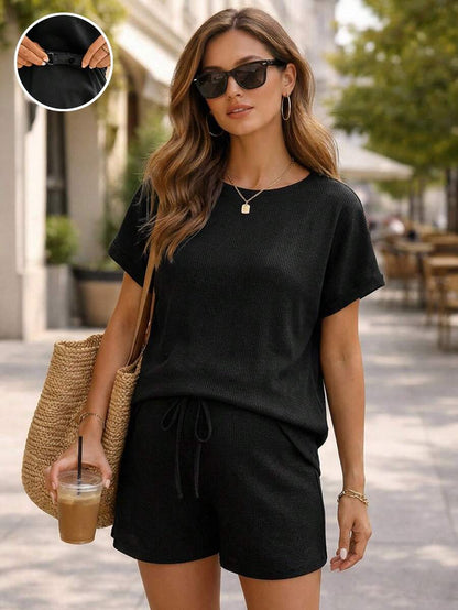 Black Maternity Batwing Sleeve Top and Adjustable Shorts 2-Piece Set - Casual Loose Fit Summer Lounge Set - Solid Color Boat Neck Commute Outfit