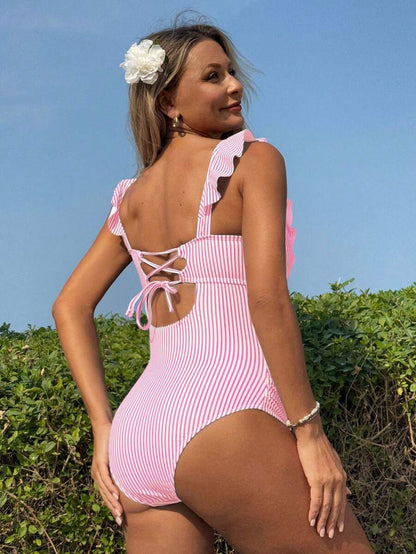1pc Elegant Romantic Classic Striped V-Neck Maternity One-Piece Swimsuit For Vacation, For Summer Beach