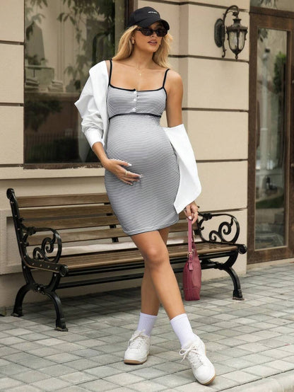 Multicolor Striped Cami Maternity & Nursing Dress – Slim Fit Knitted Button-Front Square Neck Knee-Length Dress for Postpartum & Breastfeeding