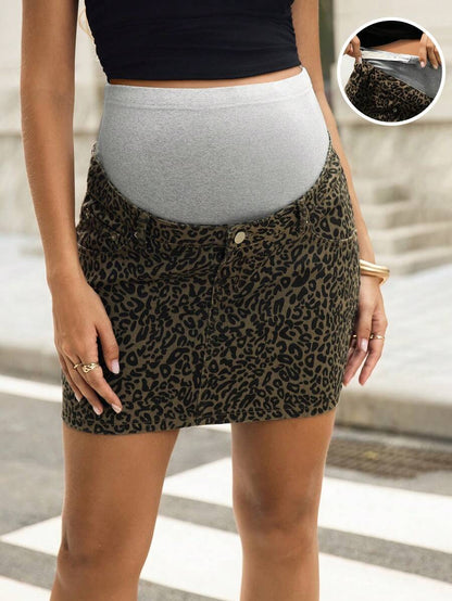 Maternity Summer Casual Fashionable Commuting Leopard Print Patchwork Adjustable Waist Denim Skirt Maternity Skirts For Women Skirt For Pregnant Woman Bump Friendly Outfits For Pregnant Outfit Leopard Print Skirt Maternity Accessories