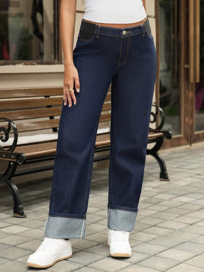 Dark Wash Wide Leg Maternity Jeans – Classic Non-Stretch Denim with Adjustable Elastic Waistband and Straight Cut Loose Fit Pregnancy Pants