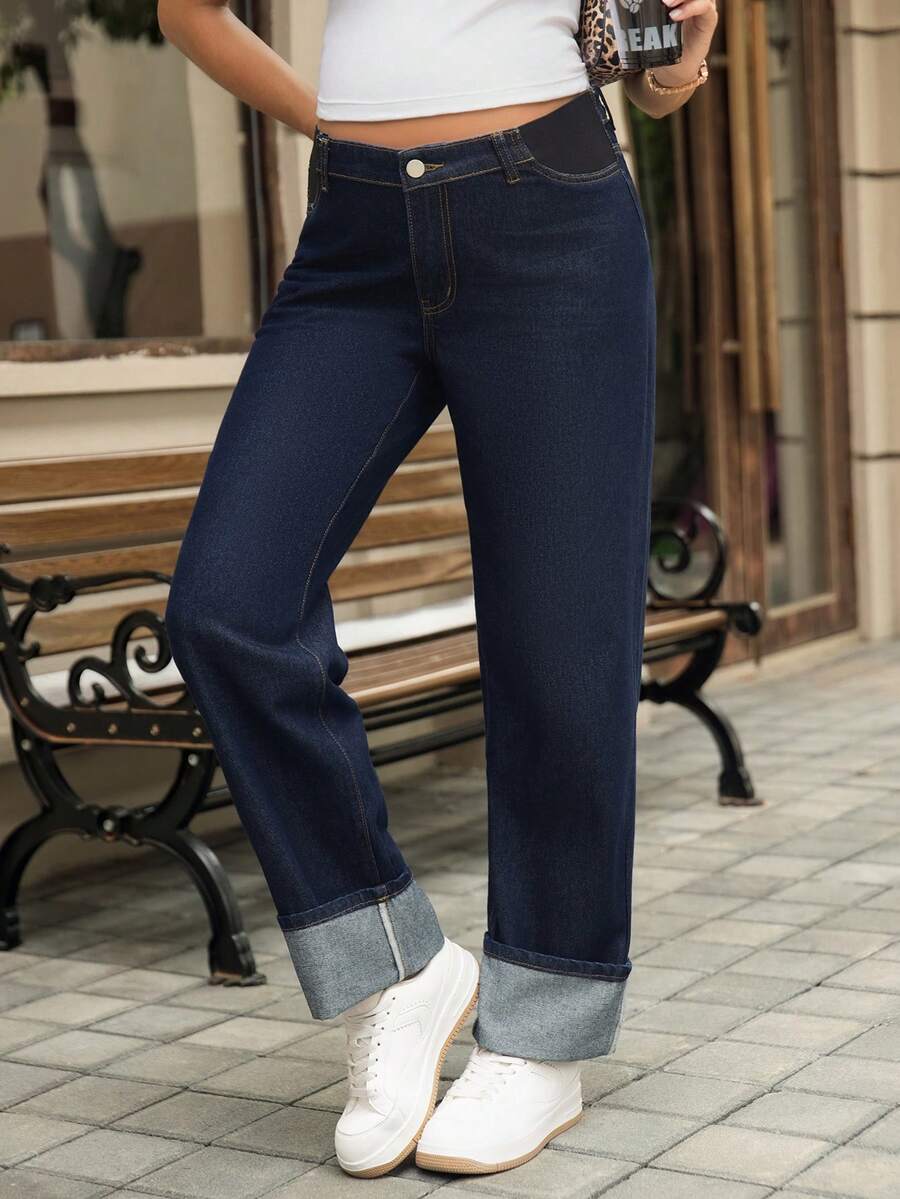 Dark Wash Wide Leg Maternity Jeans – Classic Non-Stretch Denim with Adjustable Elastic Waistband and Straight Cut Loose Fit Pregnancy Pants