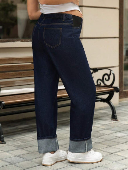 Dark Wash Wide Leg Maternity Jeans – Classic Non-Stretch Denim with Adjustable Elastic Waistband and Straight Cut Loose Fit Pregnancy Pants