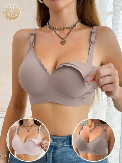 Maternity Nursing Bra 2 Pack - Front Clasp Detachable Minimalist Breastfeeding, Pregnancy Support