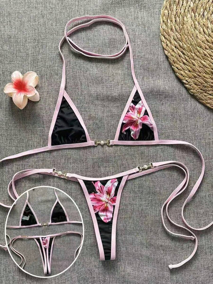 Swim Vcay Swim SXY 2pcs Women's New Floral Print Spaghetti Strap Backless Micro Triangle Top And Thong Sexy Bikini Set Set