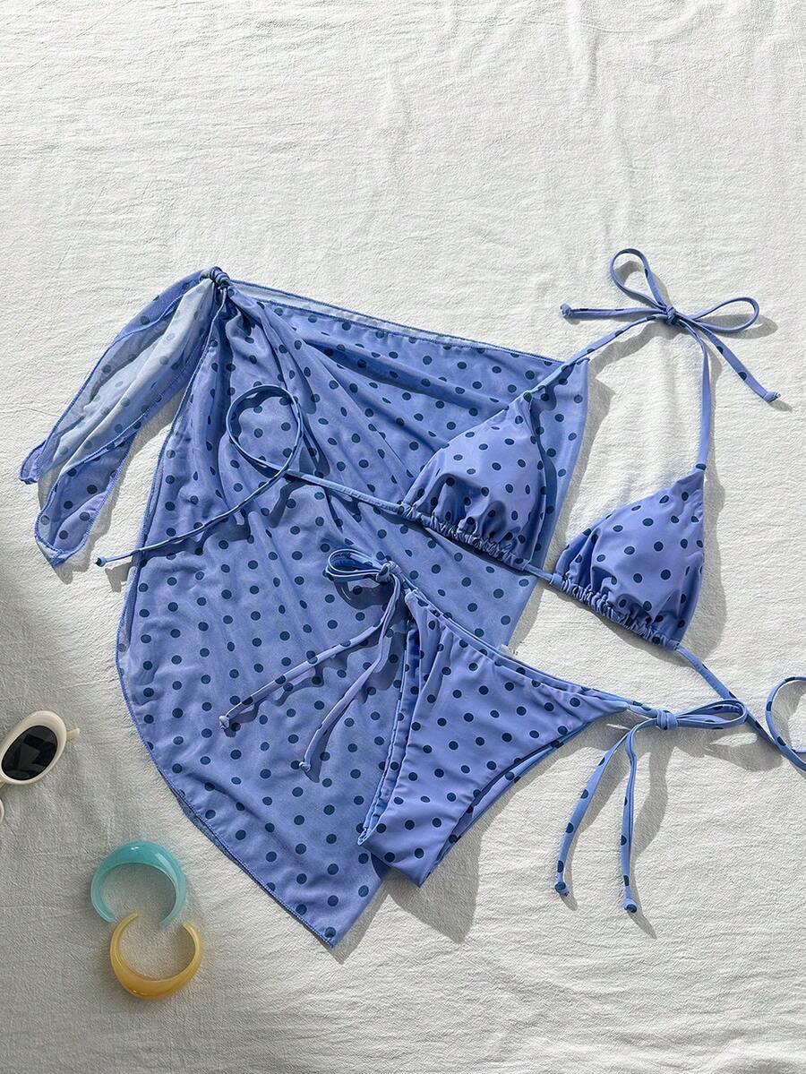 Women's 3-Piece Halter Bikini Set - Beach Dress, Tie-Up, Skirt Bottom, Blue