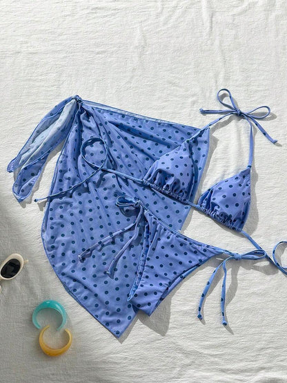 Women's 3-Piece Halter Bikini Set - Beach Dress, Tie-Up, Skirt Bottom, Blue