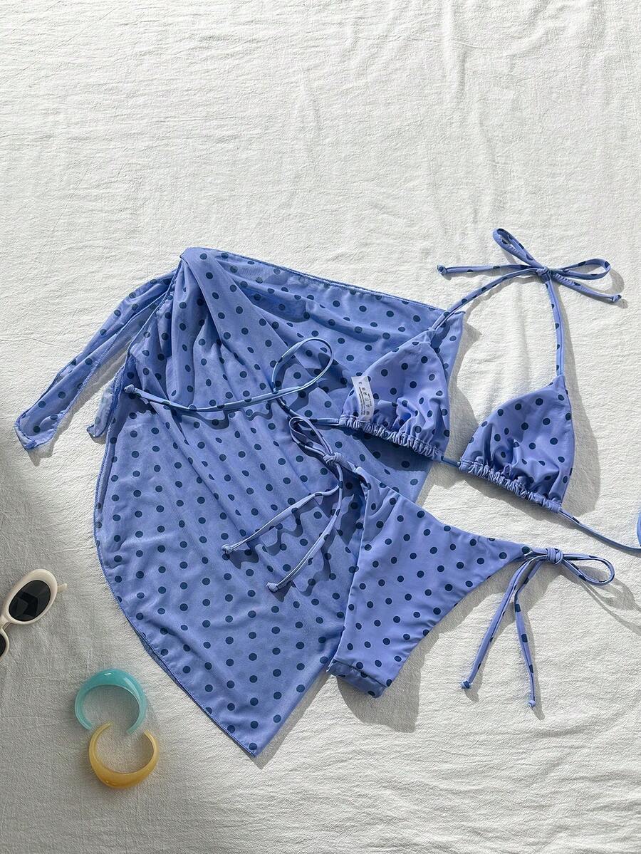 Women's 3-Piece Halter Bikini Set - Beach Dress, Tie-Up, Skirt Bottom, Blue