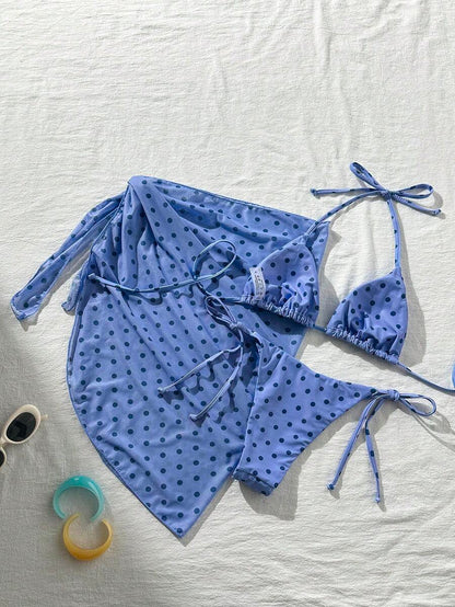 Women's 3-Piece Halter Bikini Set - Beach Dress, Tie-Up, Skirt Bottom, Blue