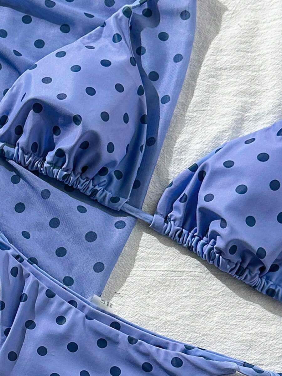 Women's 3-Piece Halter Bikini Set - Beach Dress, Tie-Up, Skirt Bottom, Blue