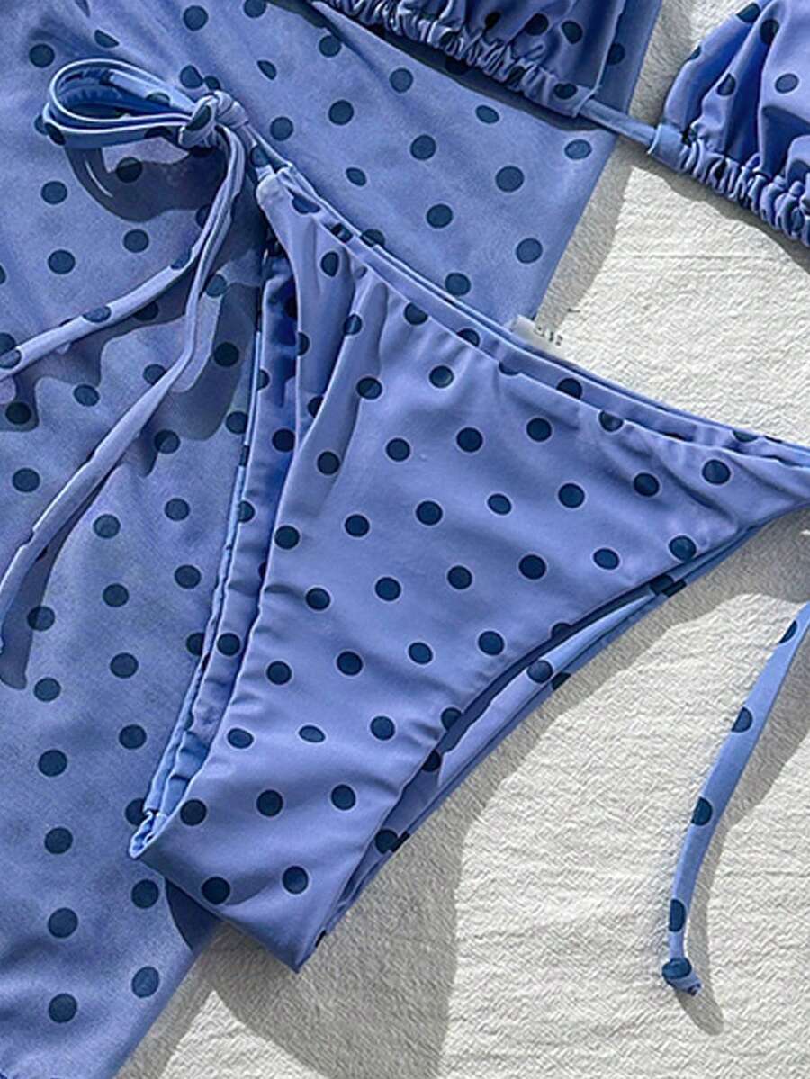 Women's 3-Piece Halter Bikini Set - Beach Dress, Tie-Up, Skirt Bottom, Blue