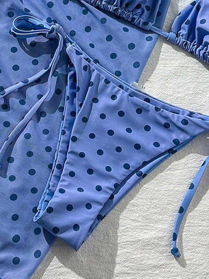 Women's 3-Piece Halter Bikini Set - Beach Dress, Tie-Up, Skirt Bottom, Blue