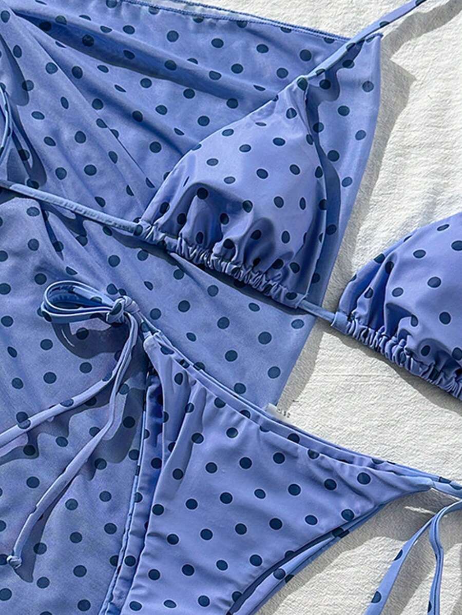 Women's 3-Piece Halter Bikini Set - Beach Dress, Tie-Up, Skirt Bottom, Blue