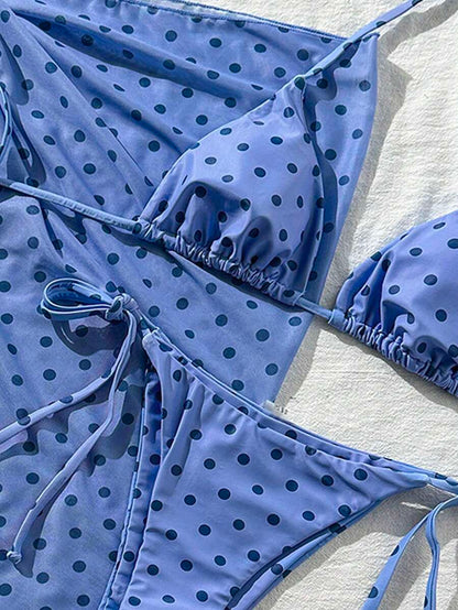 Women's 3-Piece Halter Bikini Set - Beach Dress, Tie-Up, Skirt Bottom, Blue