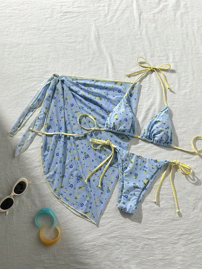 Women's 3-Piece Halter Bikini Set - Beach Dress, Tie-Up, Skirt Bottom, Blue