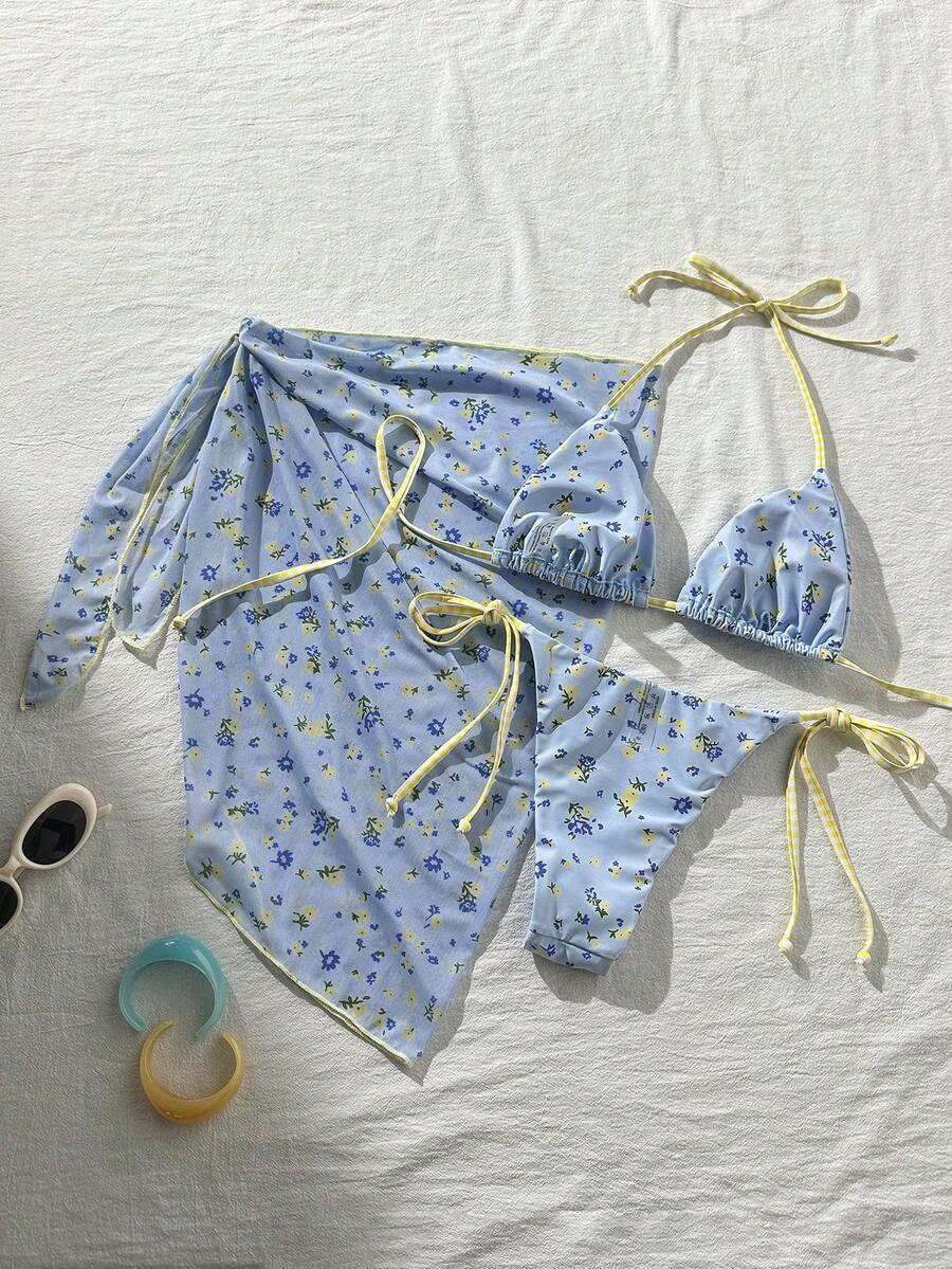 Women's 3-Piece Halter Bikini Set - Beach Dress, Tie-Up, Skirt Bottom, Blue