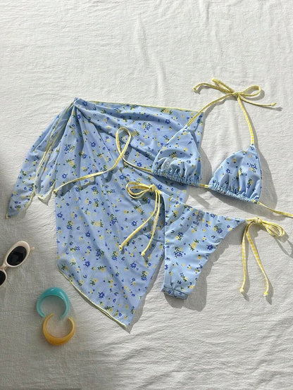 Women's 3-Piece Halter Bikini Set - Beach Dress, Tie-Up, Skirt Bottom, Blue