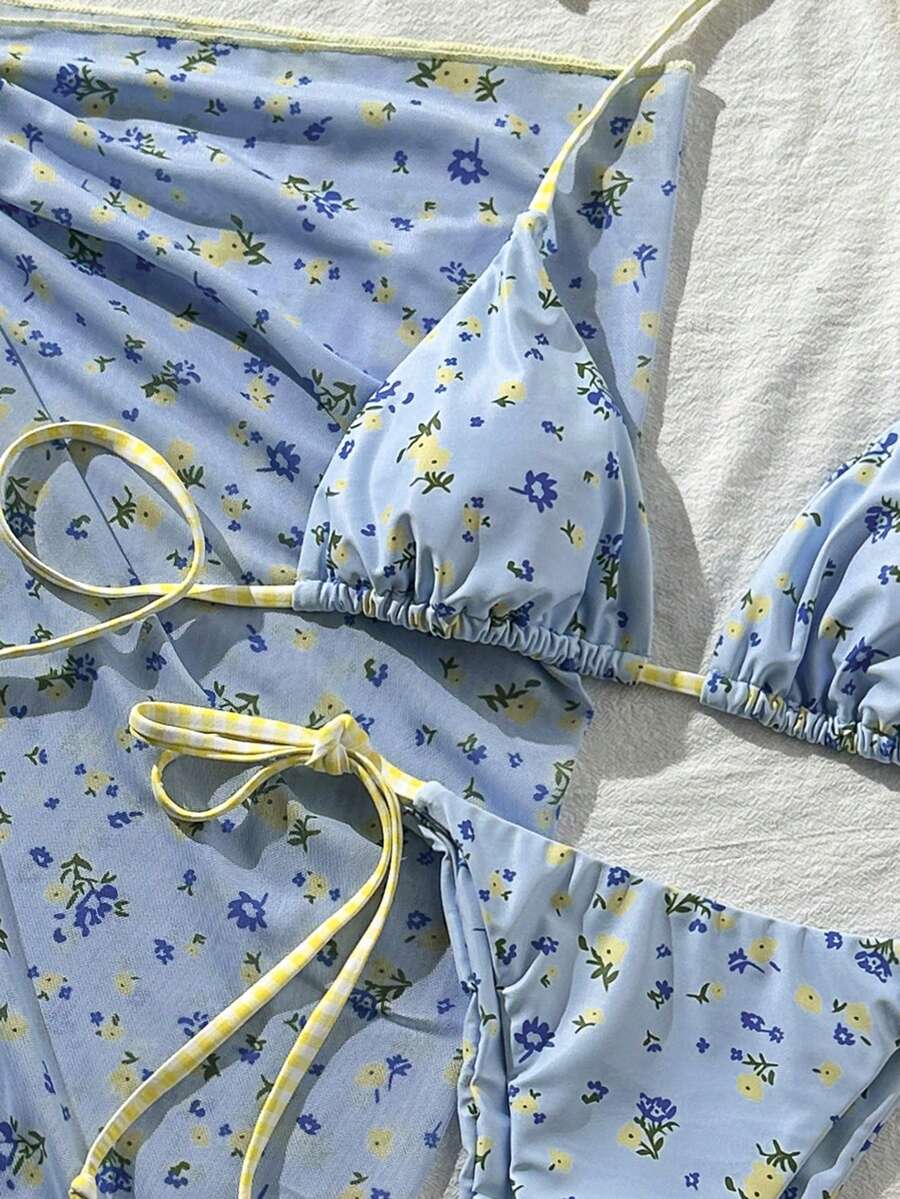 Women's 3-Piece Halter Bikini Set - Beach Dress, Tie-Up, Skirt Bottom, Blue