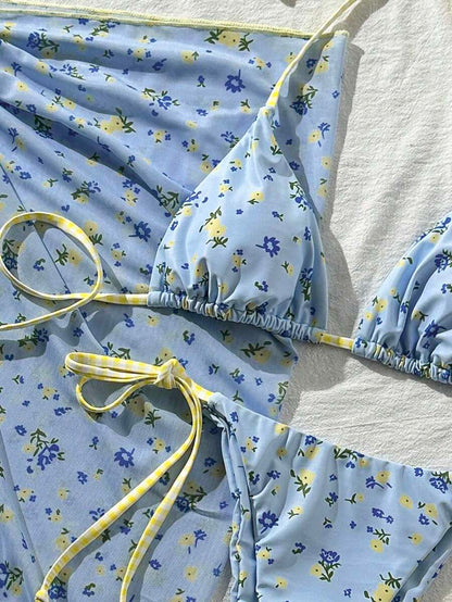 Women's 3-Piece Halter Bikini Set - Beach Dress, Tie-Up, Skirt Bottom, Blue