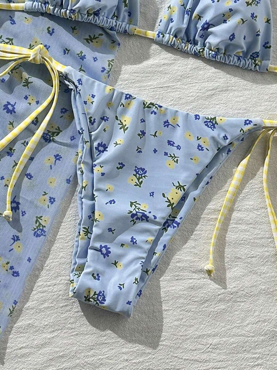 Women's 3-Piece Halter Bikini Set - Beach Dress, Tie-Up, Skirt Bottom, Blue