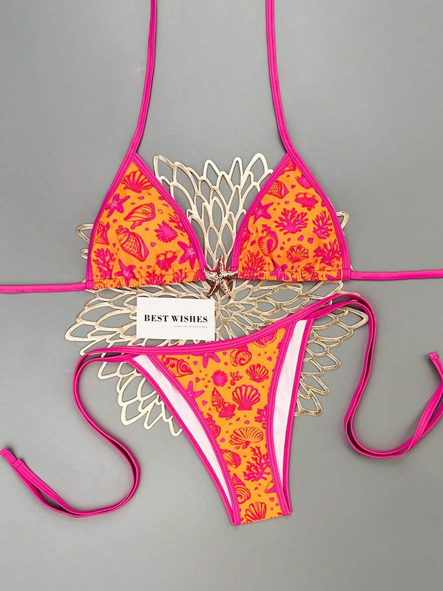 Swim Vcay Women's Summer Beach Contrast Color Halter Tie Sexy Bikini And Triangle Panty Swimwear Set Blue Bikini Yacht Party Outfit Vacation Bikini Boat Party Outfit Women Tie Side Bikini Triangle Bikini Set Light Blue Bikini
