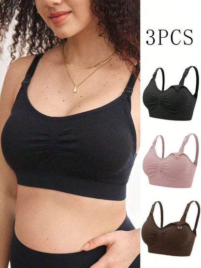 3pcs Maternity Comfort Nursing Bras Set - Dusty Pink Plain Spaghetti Strap Slim Fit Crop Nursing Tops with Medium Stretch