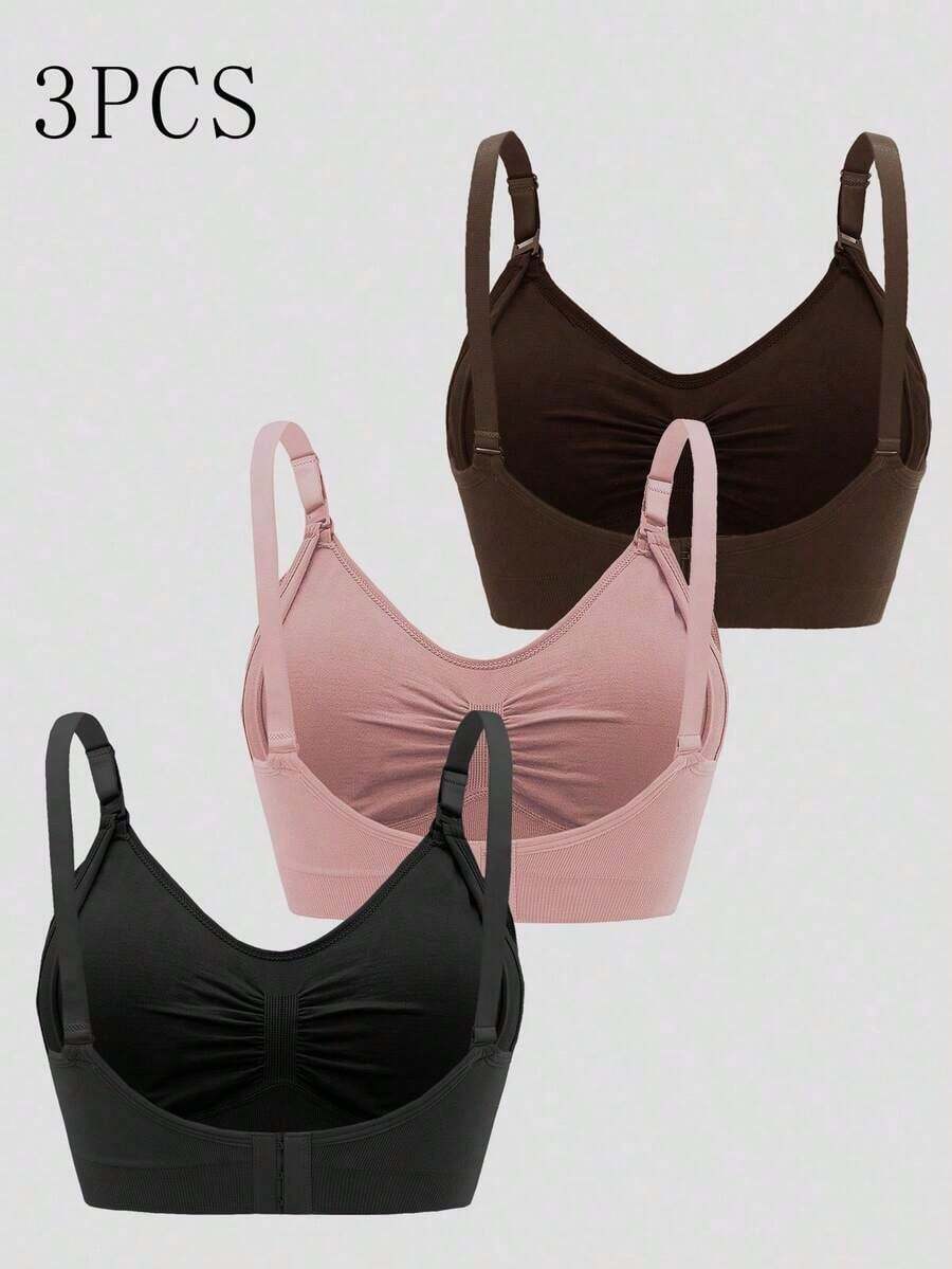 3pcs Maternity Comfort Nursing Bras Set - Dusty Pink Plain Spaghetti Strap Slim Fit Crop Nursing Tops with Medium Stretch