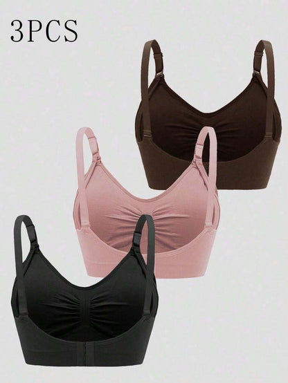 3pcs Maternity Comfort Nursing Bras Set - Dusty Pink Plain Spaghetti Strap Slim Fit Crop Nursing Tops with Medium Stretch