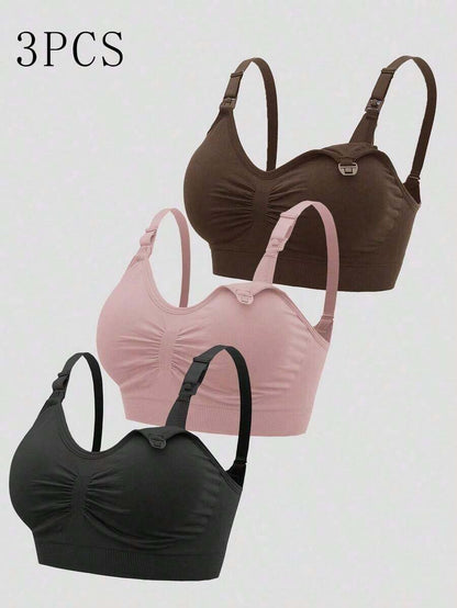 3pcs Maternity Comfort Nursing Bras Set - Dusty Pink Plain Spaghetti Strap Slim Fit Crop Nursing Tops with Medium Stretch