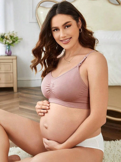 3pcs Maternity Comfort Nursing Bras Set - Dusty Pink Plain Spaghetti Strap Slim Fit Crop Nursing Tops with Medium Stretch