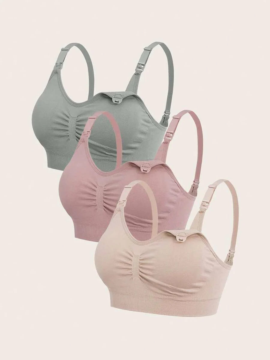 3pcs Maternity Comfort Nursing Bras Set - Dusty Pink Plain Spaghetti Strap Slim Fit Crop Nursing Tops with Medium Stretch